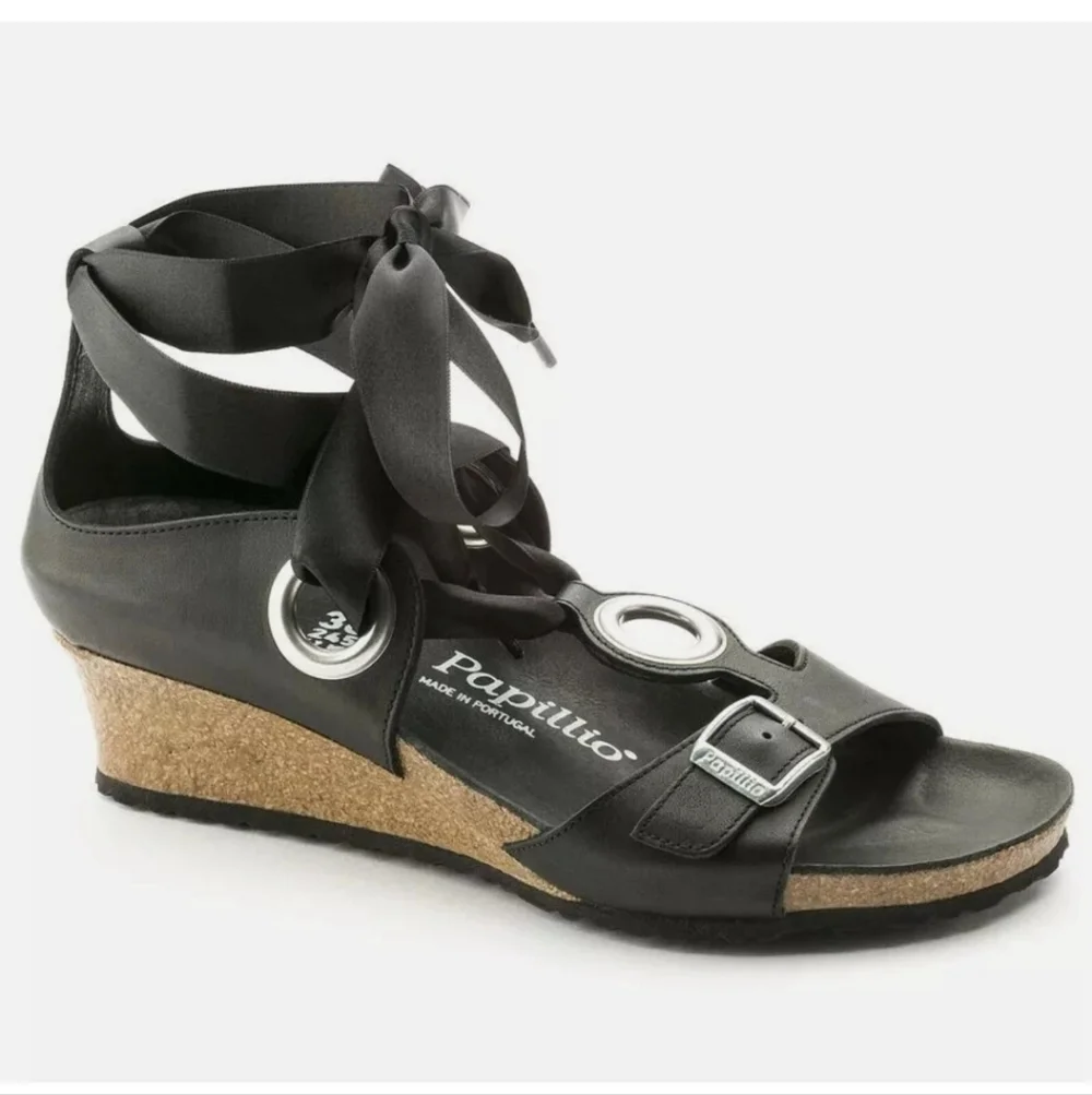Papillio Birkenstock Black Emmy Leather Ankle Tie Strap Wedge Sandals Size 37‎